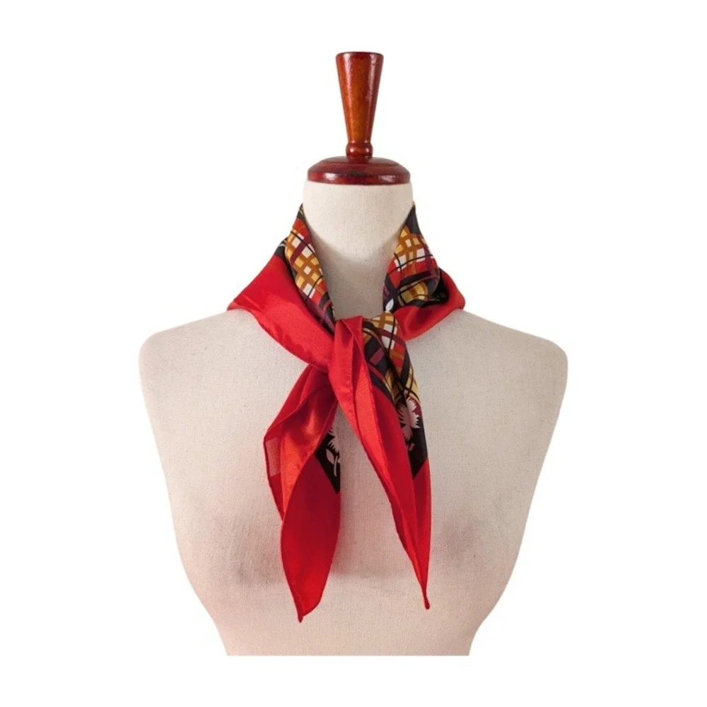 Glentex Vintage 70s Acetate Scarf Red‎ Plaid Daisy Print 23" Square Scarf - Picture 3 of 6